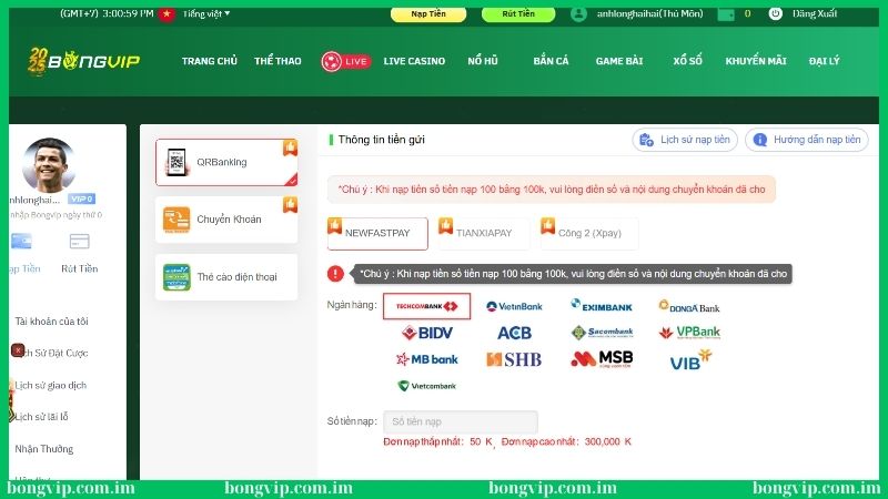 Nạp tiền Bongvip - Hướng dẫn quy trình cực kỳ tiện lợi 2 Hướng dẫn nạp tiền Bongvip qua QR Banking